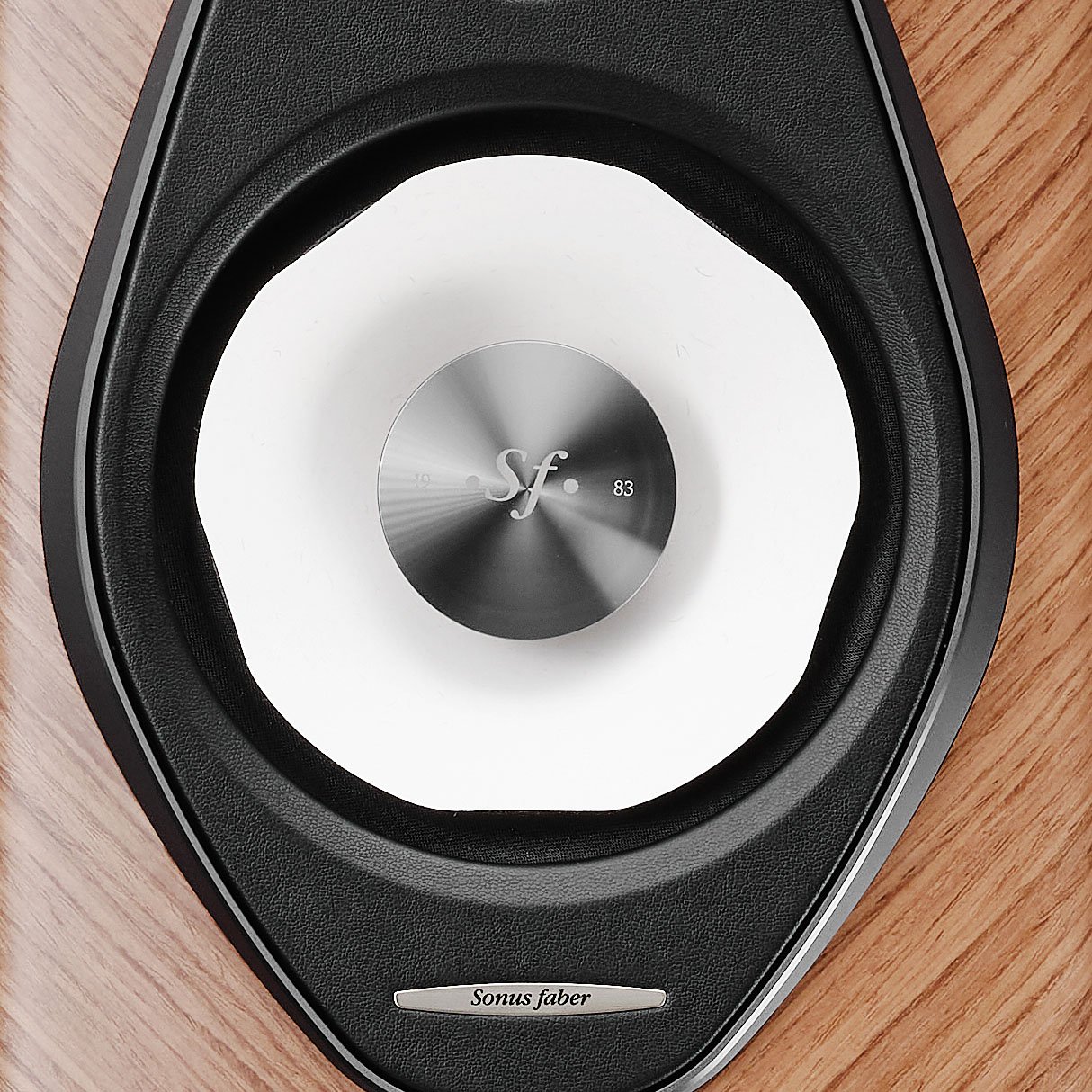 Close-up detail of the white Camelia midrange driver in the Sonus faber Olympica V G3 floorstanding speakers.