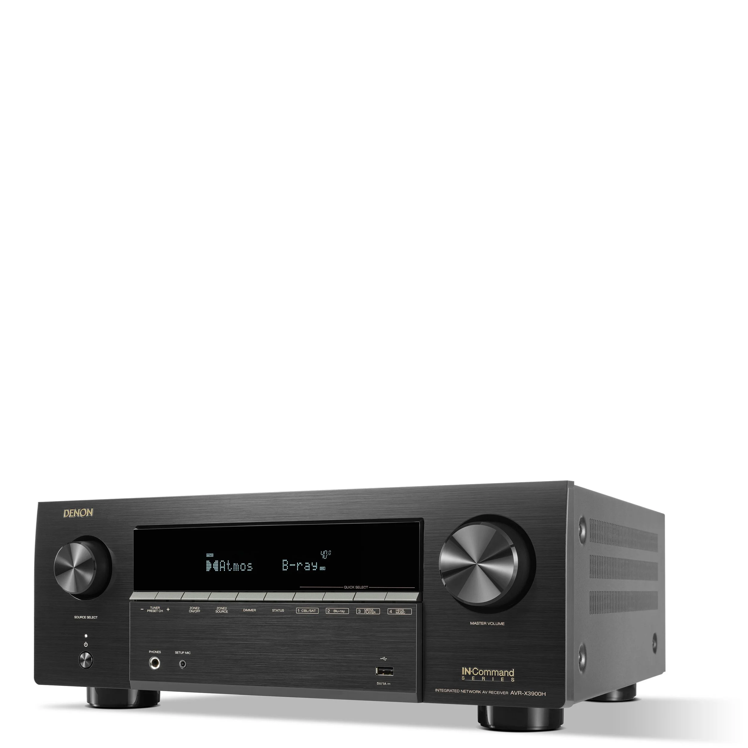 Angled front view of the Denon AVR-X3900H AV surround receiver.