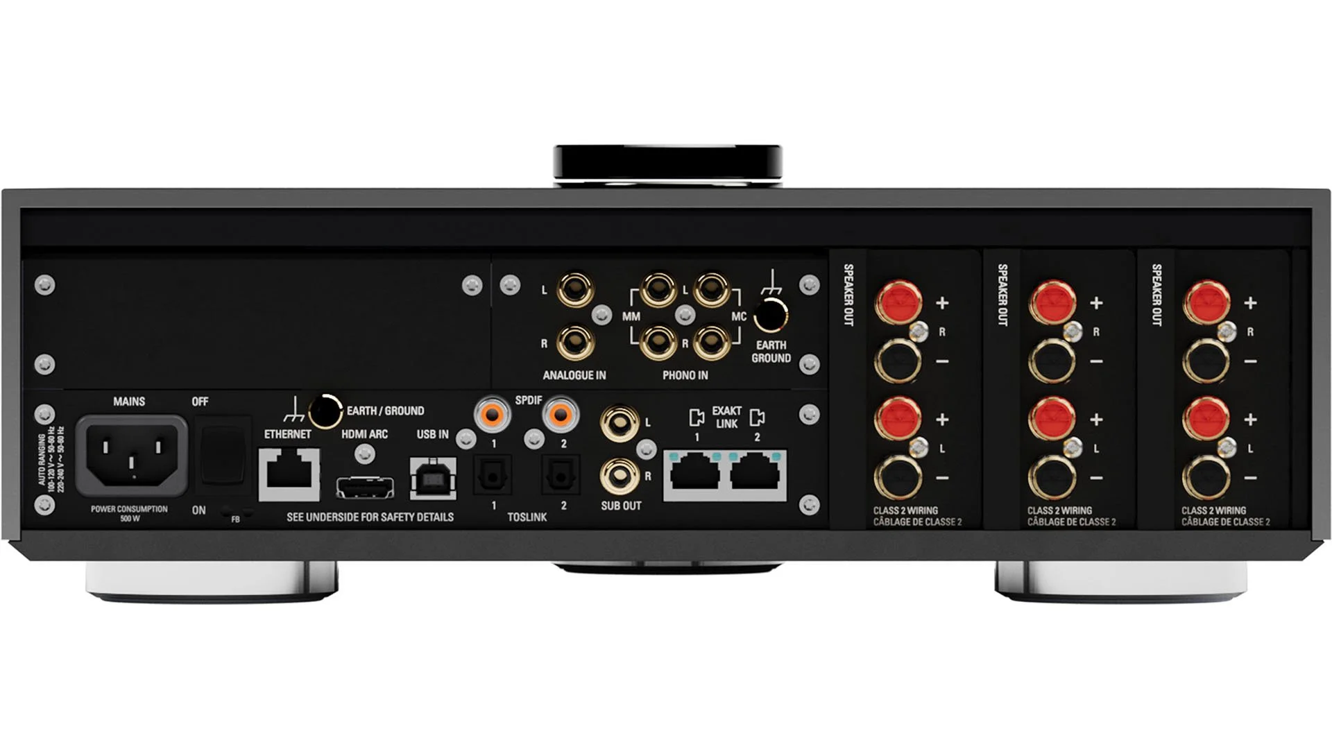 Back view of the Linn Selekt DSM Hub with three power amplifier cartridges installed.