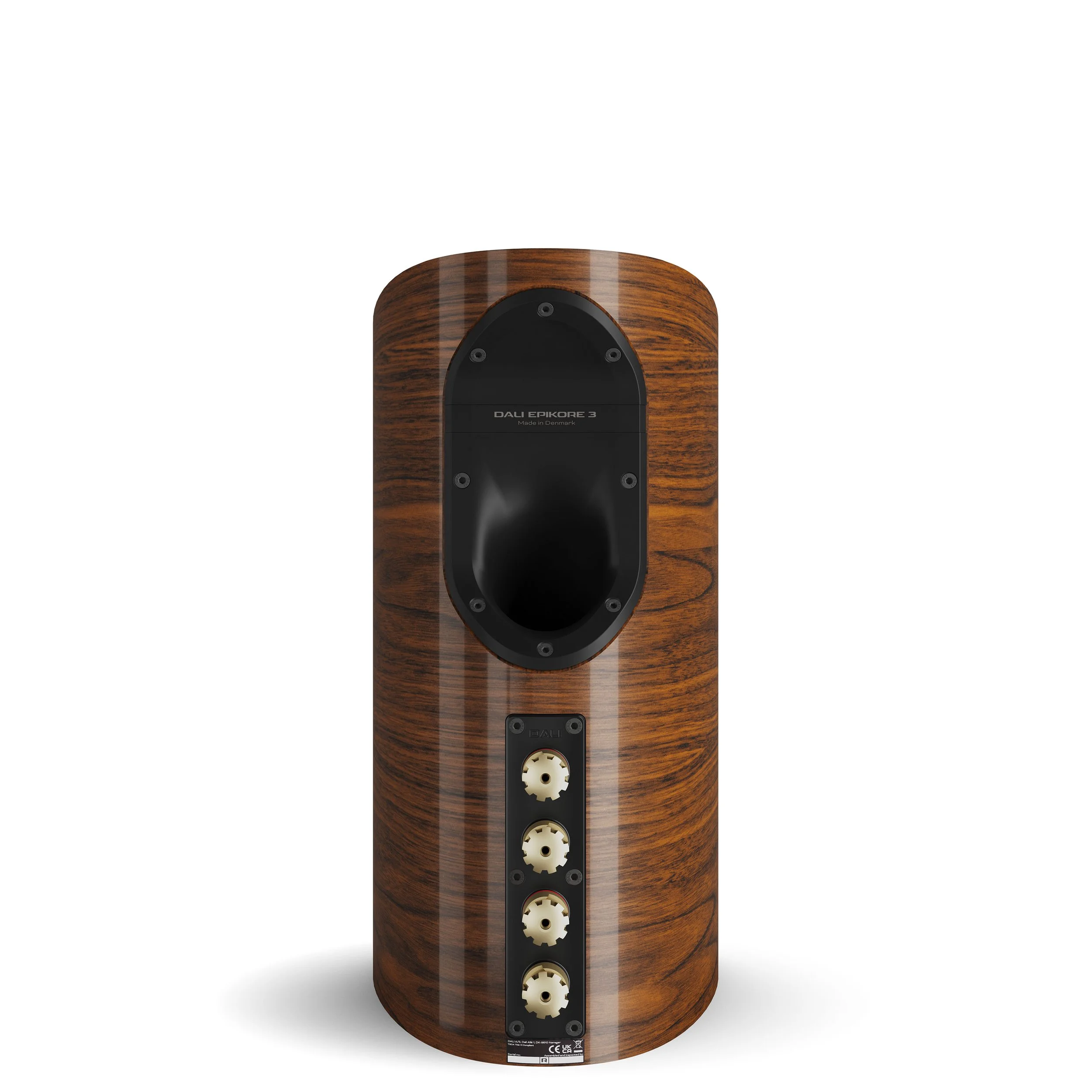 Back view of the DALI Epikore 3 bookshelf speaker showing bi-wire binding post connectors and rear port.