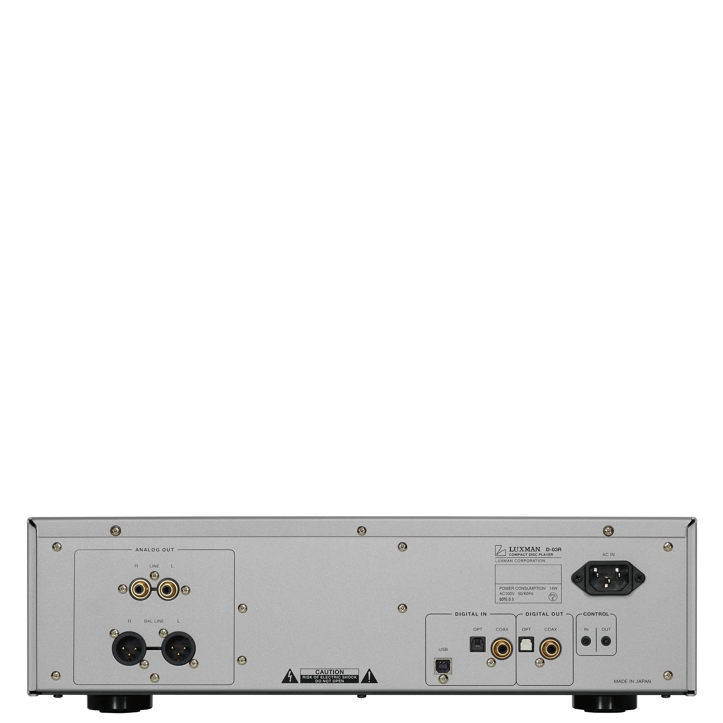 Back panel view of the Luxman D-03R CD player showing analog outputs and digital inputs.