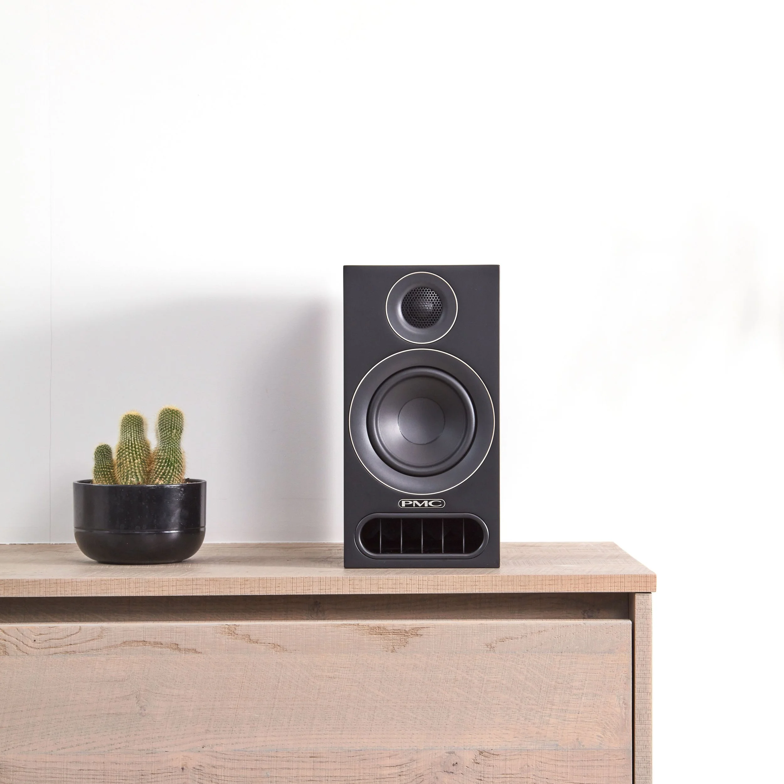 A single PMC prodigy1 bookshelf speaker pictured on an oak cabinet next to a plant.