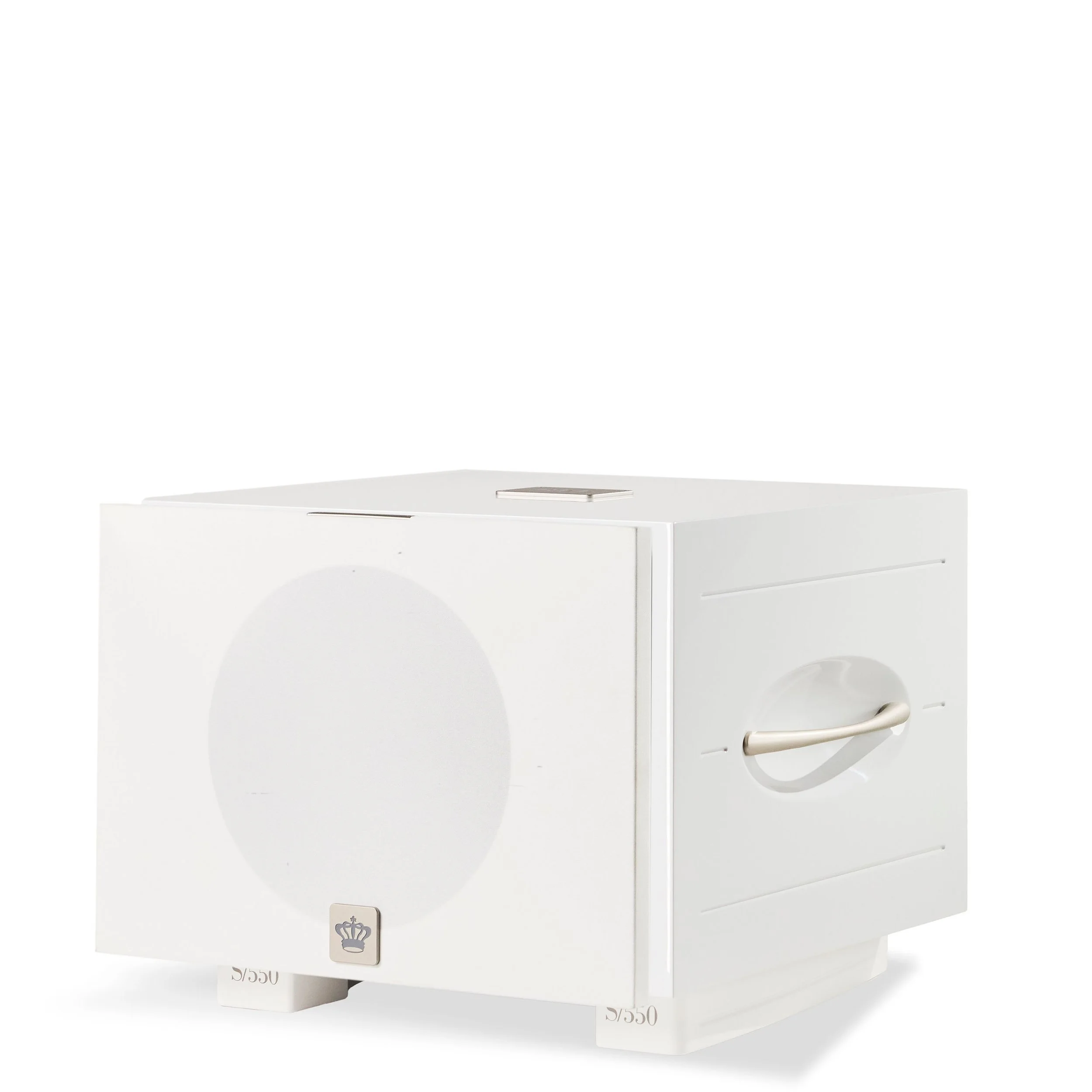 REL S/550 subwoofer shown in white with cloth grille.