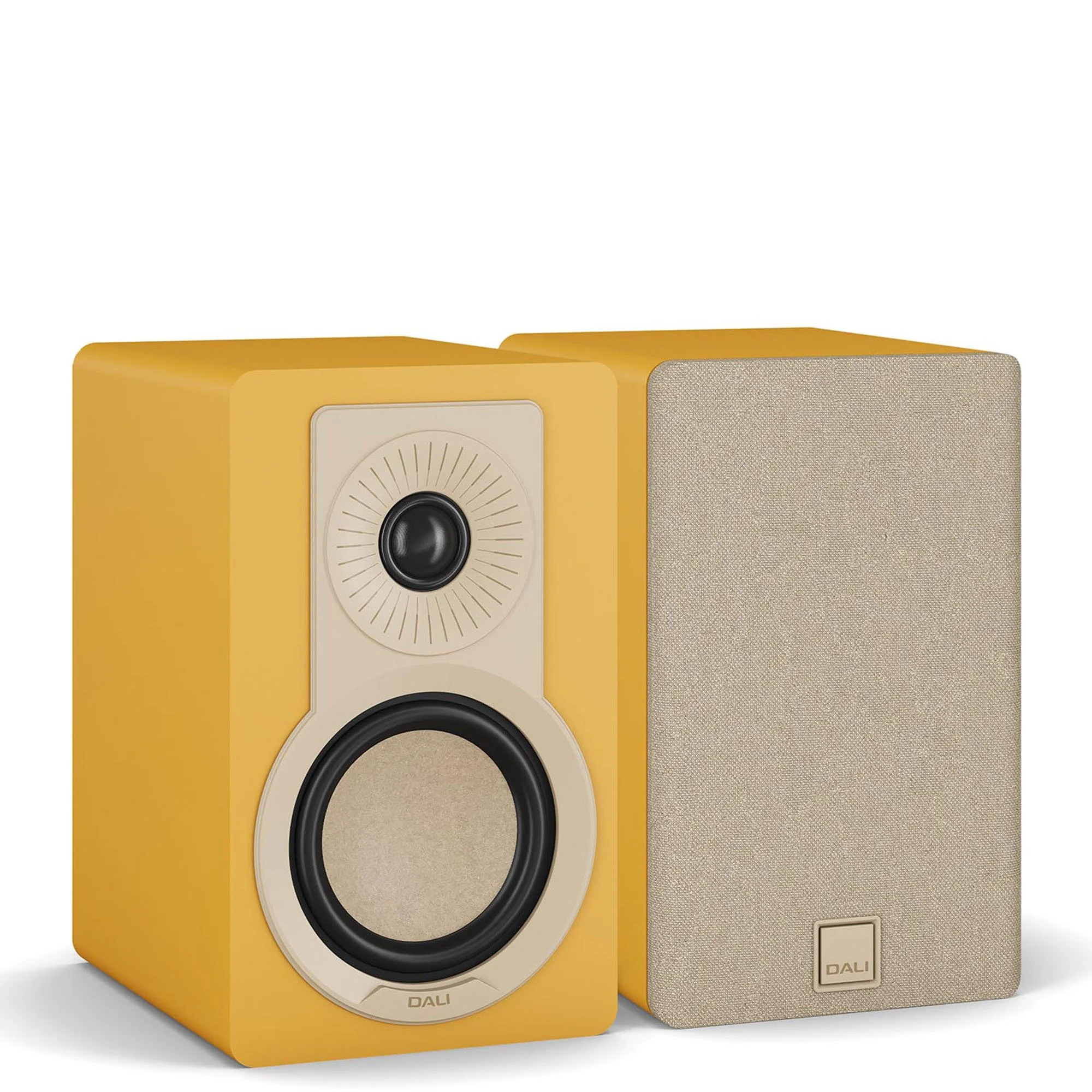 DALI Kupid ultra-compact bookshelf speakers shown in golden yellow.