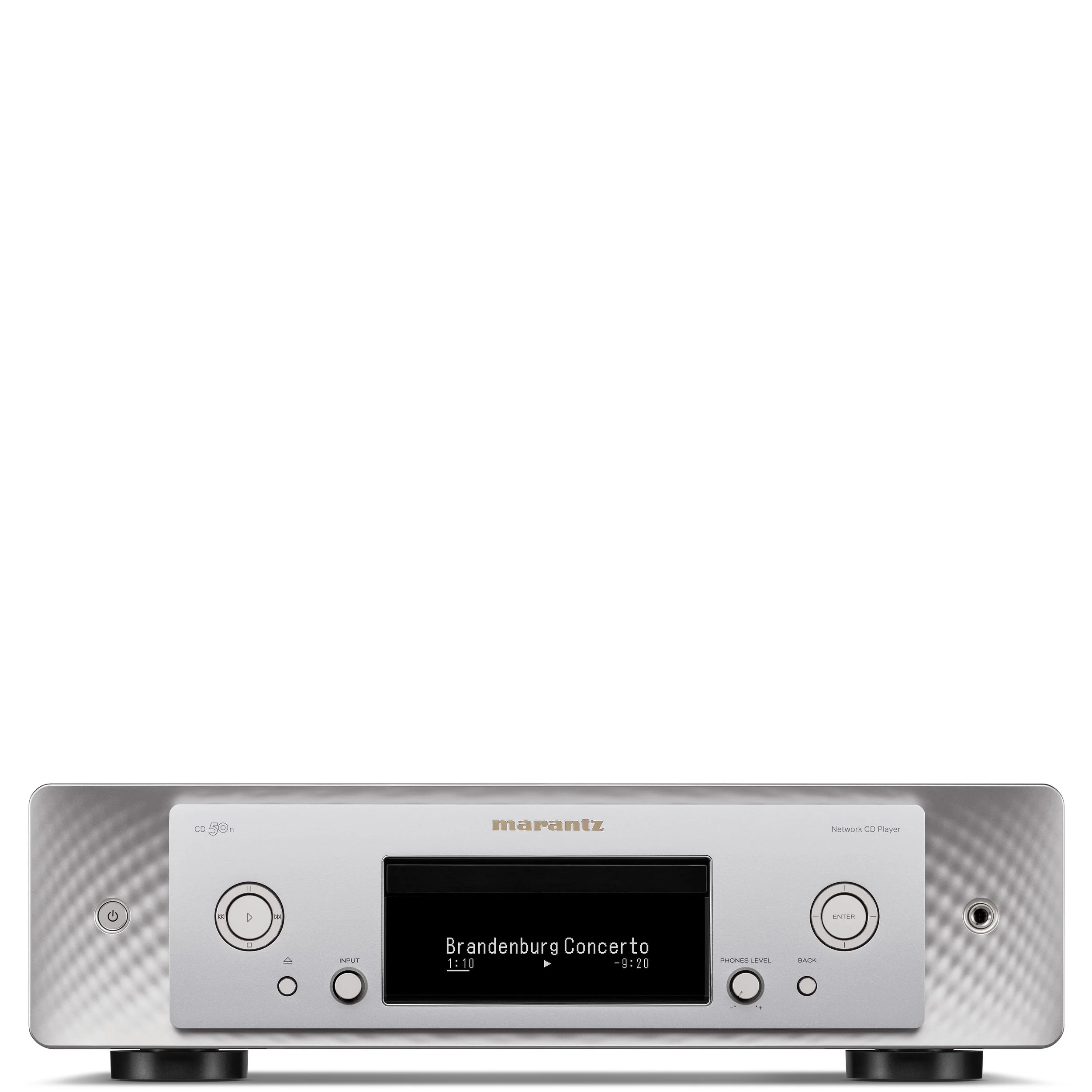 Front view of the Marantz CD 50n streaming CD player shown in silver.