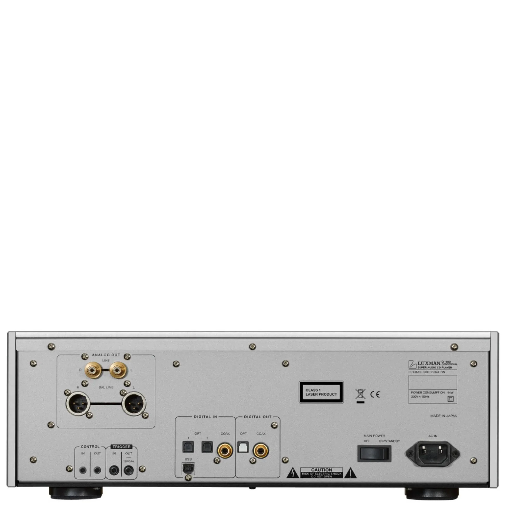 Back panel view of the Luxman D-100 Centennial CD/SACD player showing analog outputs and digital inputs.