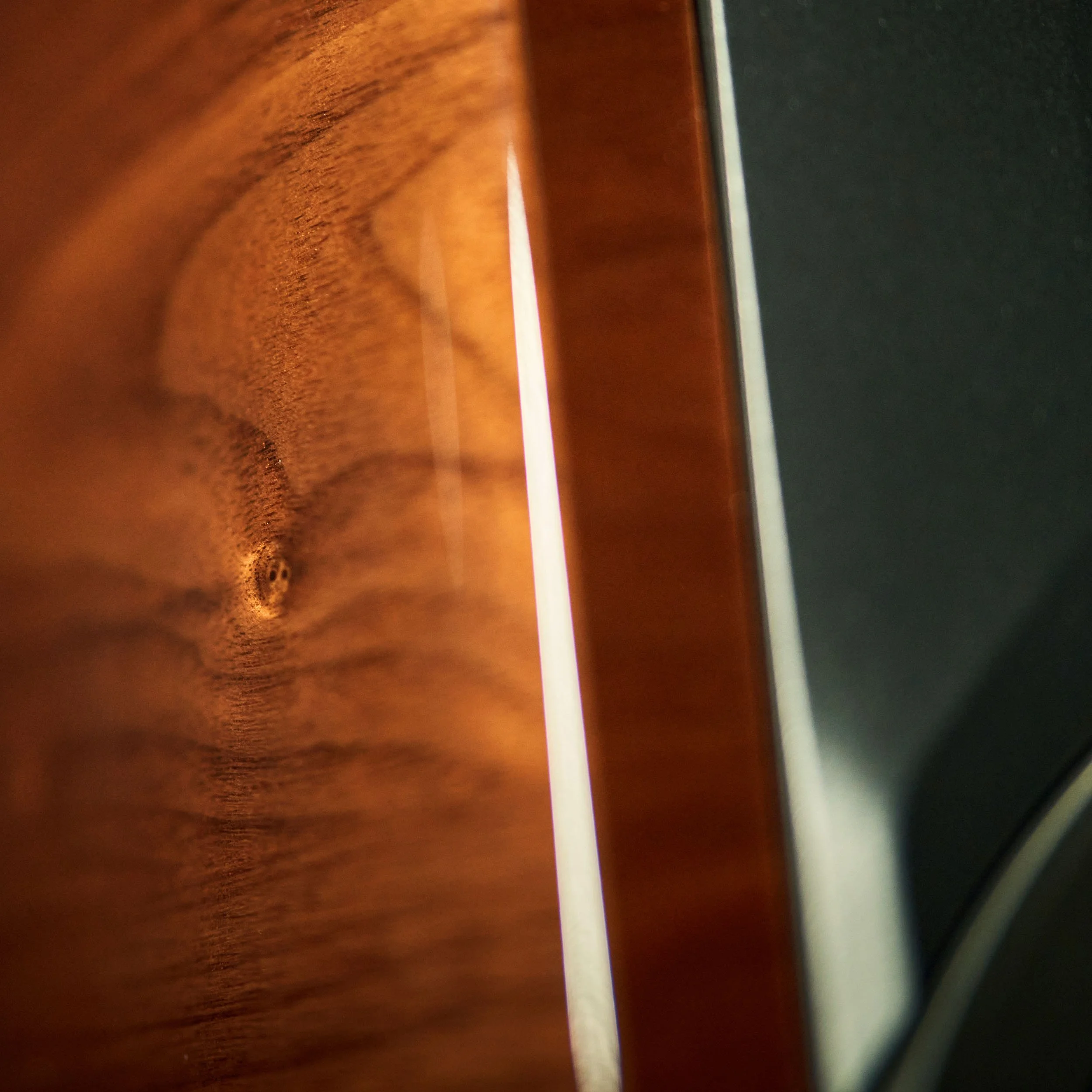 Close-up detail of the high-gloss cabinets of the DALI Epikore series of luxury speakers.