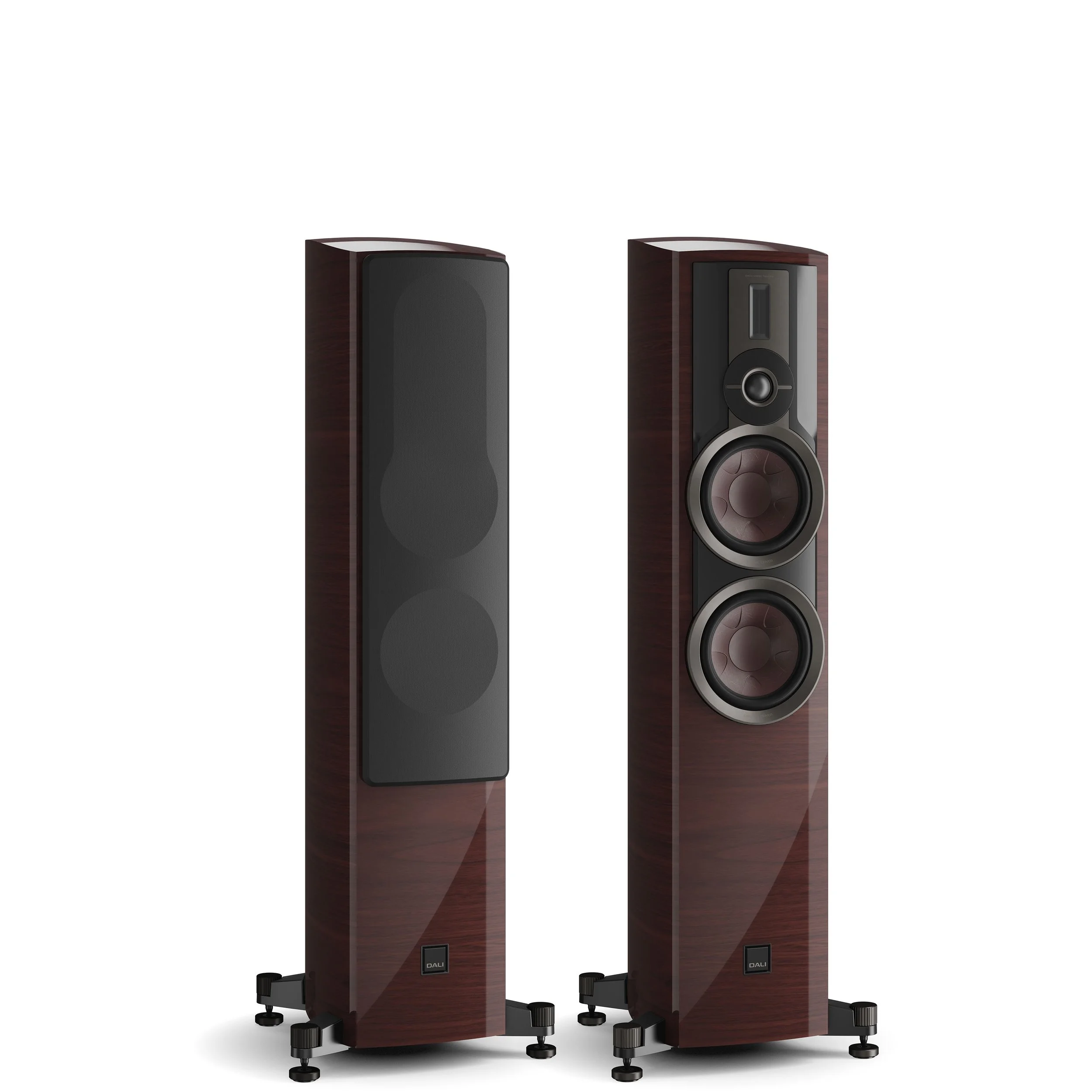 DALI Epikore 7 floorstanding speakers shown in high gloss maroon.