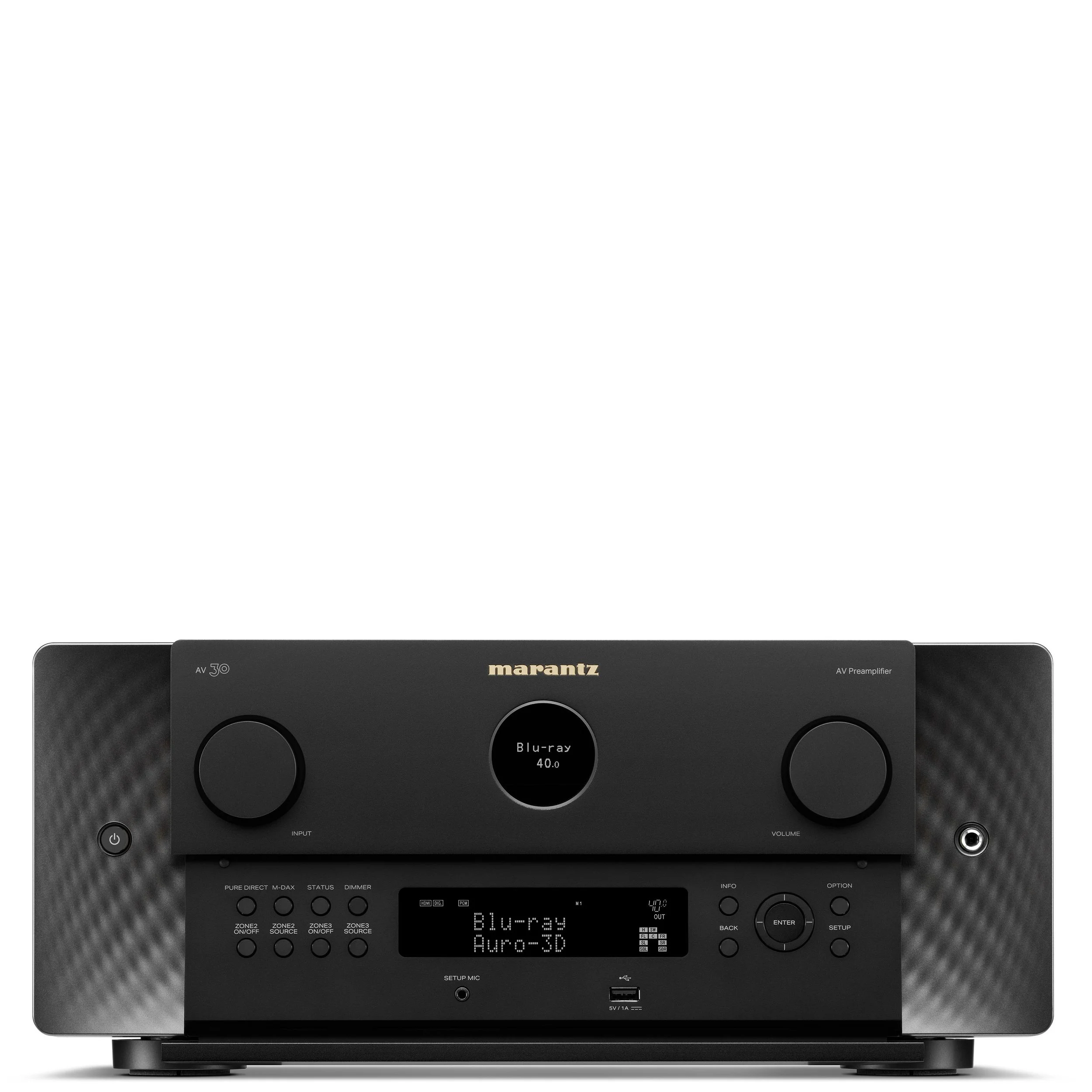 Front view of the Marantz AV 30 surround sound processor with door open.