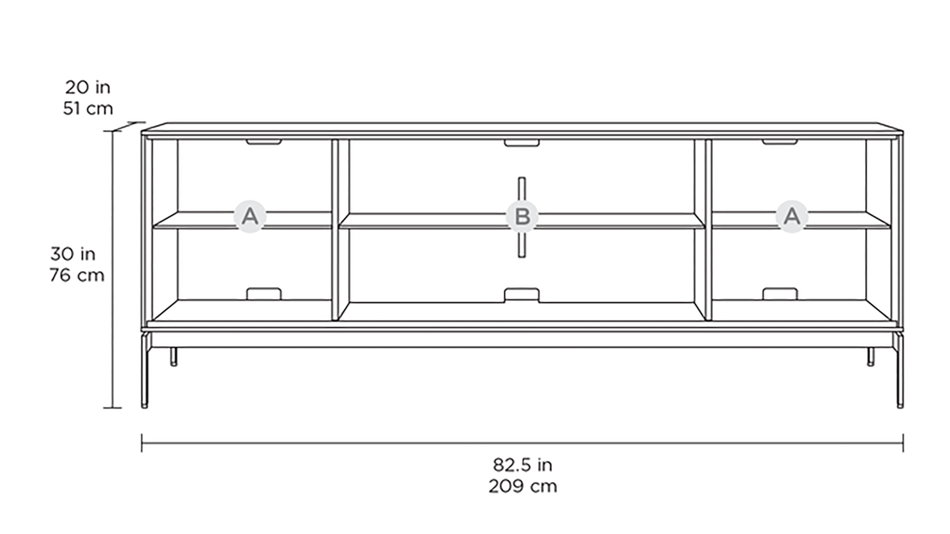 Drawing showing dimensions of the BDI Elements 8709 series of media consoles.