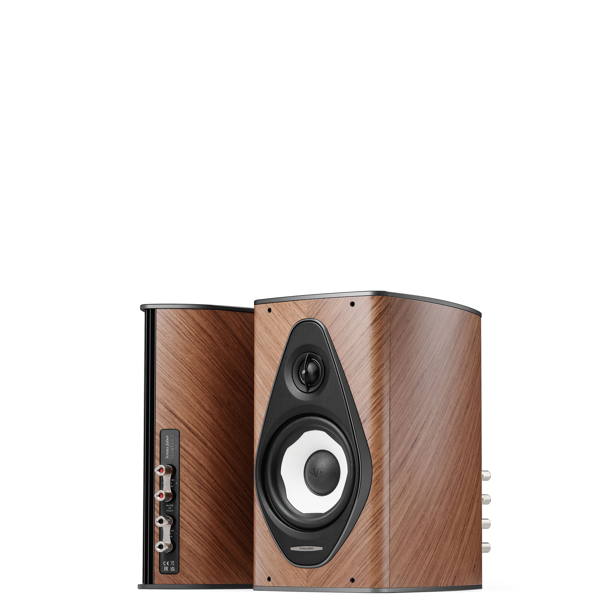 Front and back view of a pair of Sonus faber Olympica I G3 speakers in walnut.