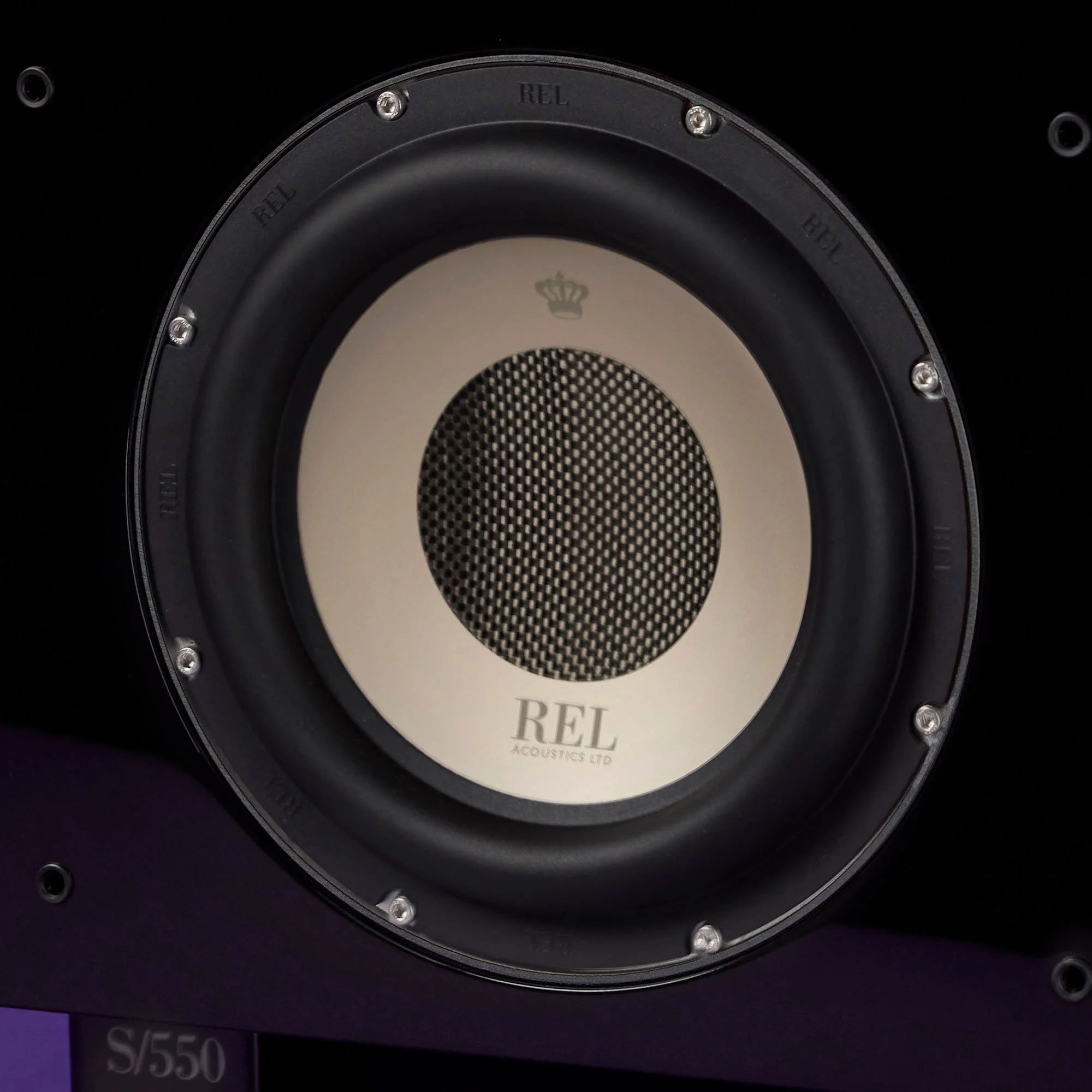 Close-up detail of the active driver in the REL S/550 subwoofer.