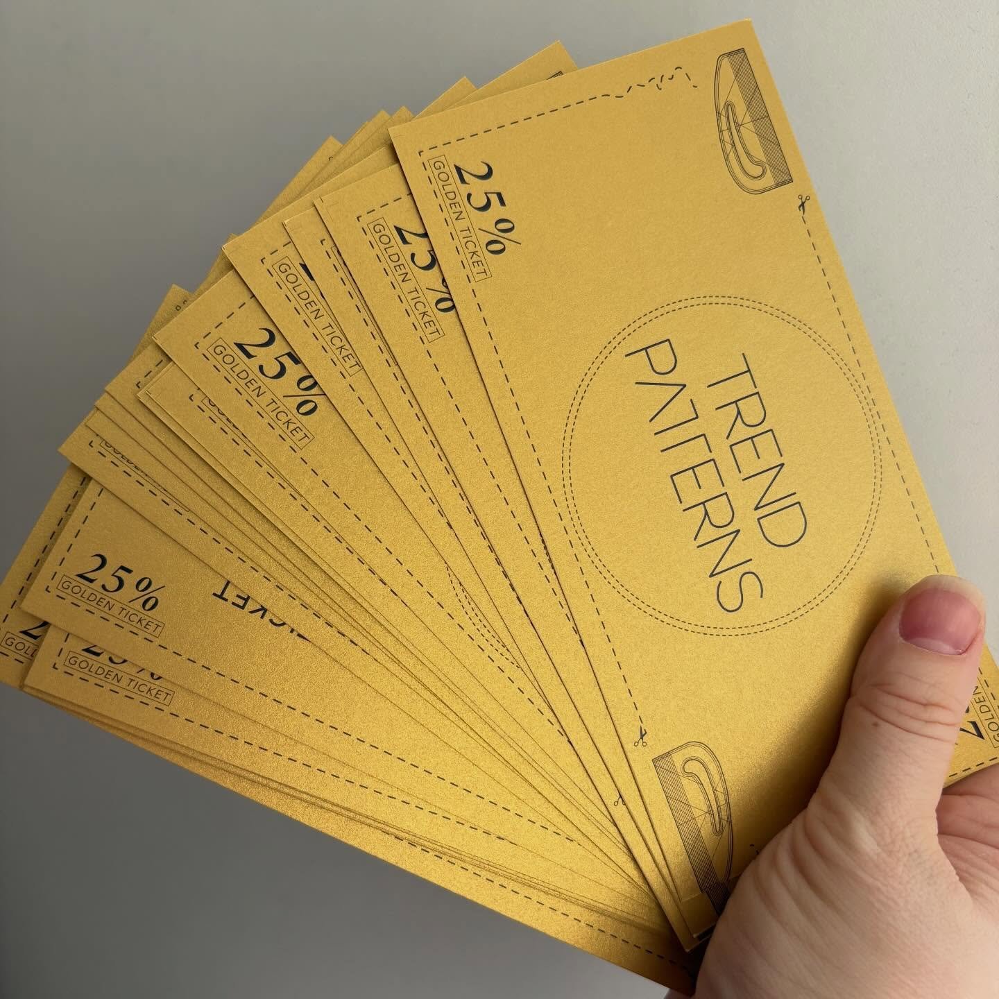 Coming to @thestitchfestival next week???

Not only could you be lucky enough to find a golden ticket in one of the patterns on sale. But if you come to my stand wearing something Trend Patterns that you have made, you will be automatically gifted wi