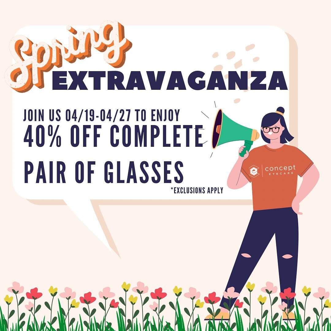 Our Spring Extravaganza is about to begin! Beginning the 19th come see us and enjoy 40% off your purchase of a complete pair of glasses! 🤓🤑

*Valid prescription required. 
*Cannot be used on previous purchases

.
.
.
.
.
.
.
.
#sale #40off #springe