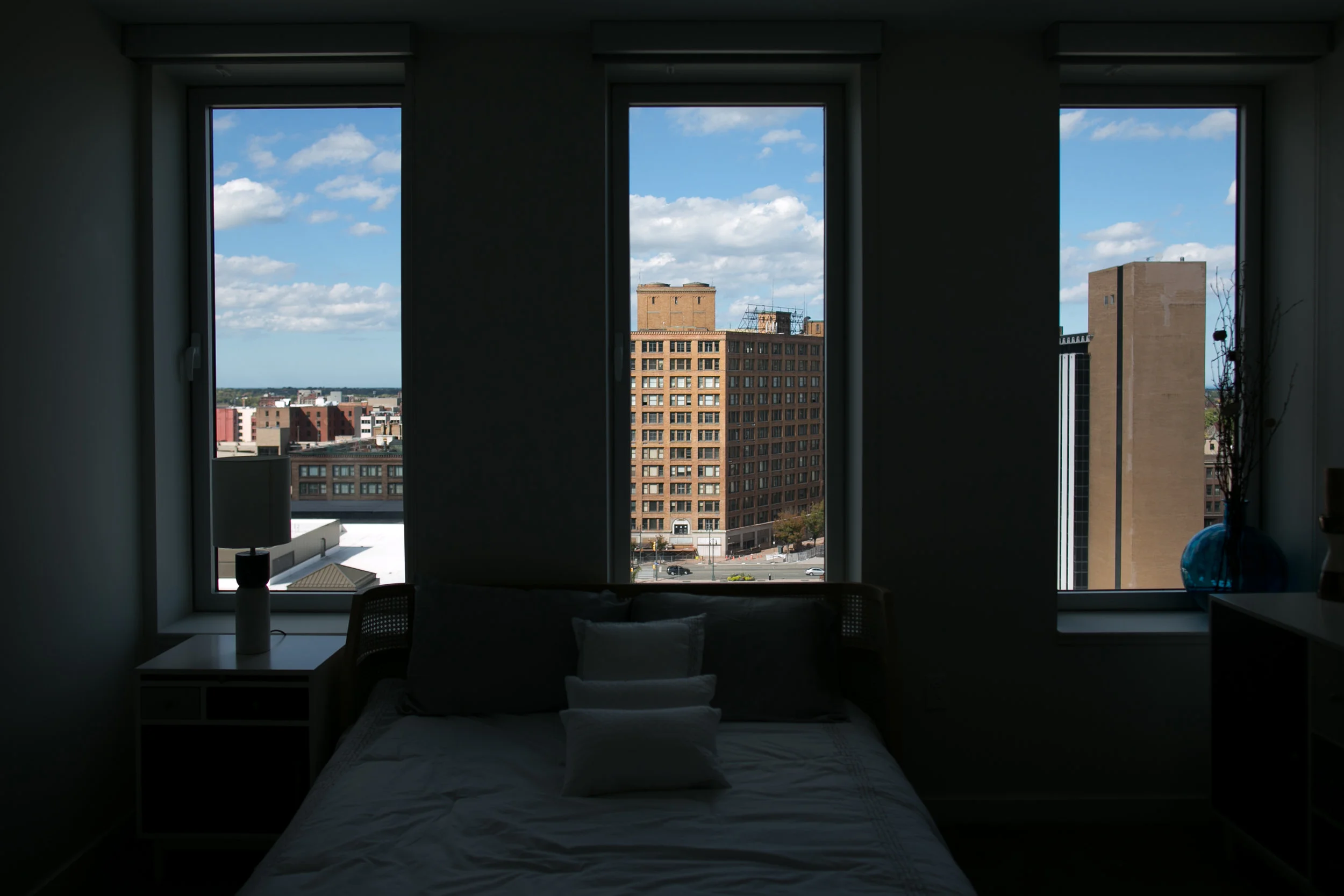 An apartment at Tower280 in Rochester, New York overlooks Sibley Square, center, a long-empty building that is currently being completely renovated to add residential, retail, and commercial space.
