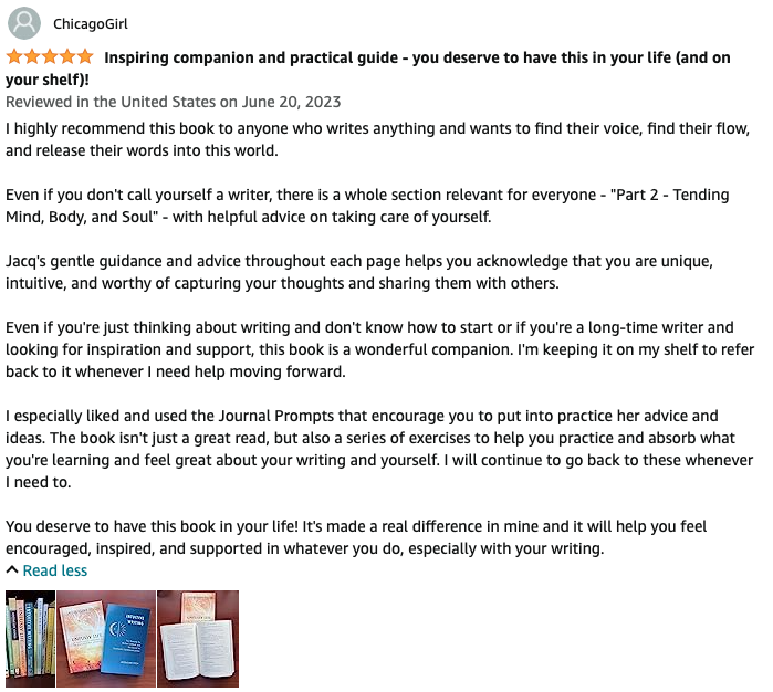 Screenshot of a customer review on Amazon for a book, praising its guidance for writers. Includes a five-star rating, detailed positive feedback, and images of books on a shelf.