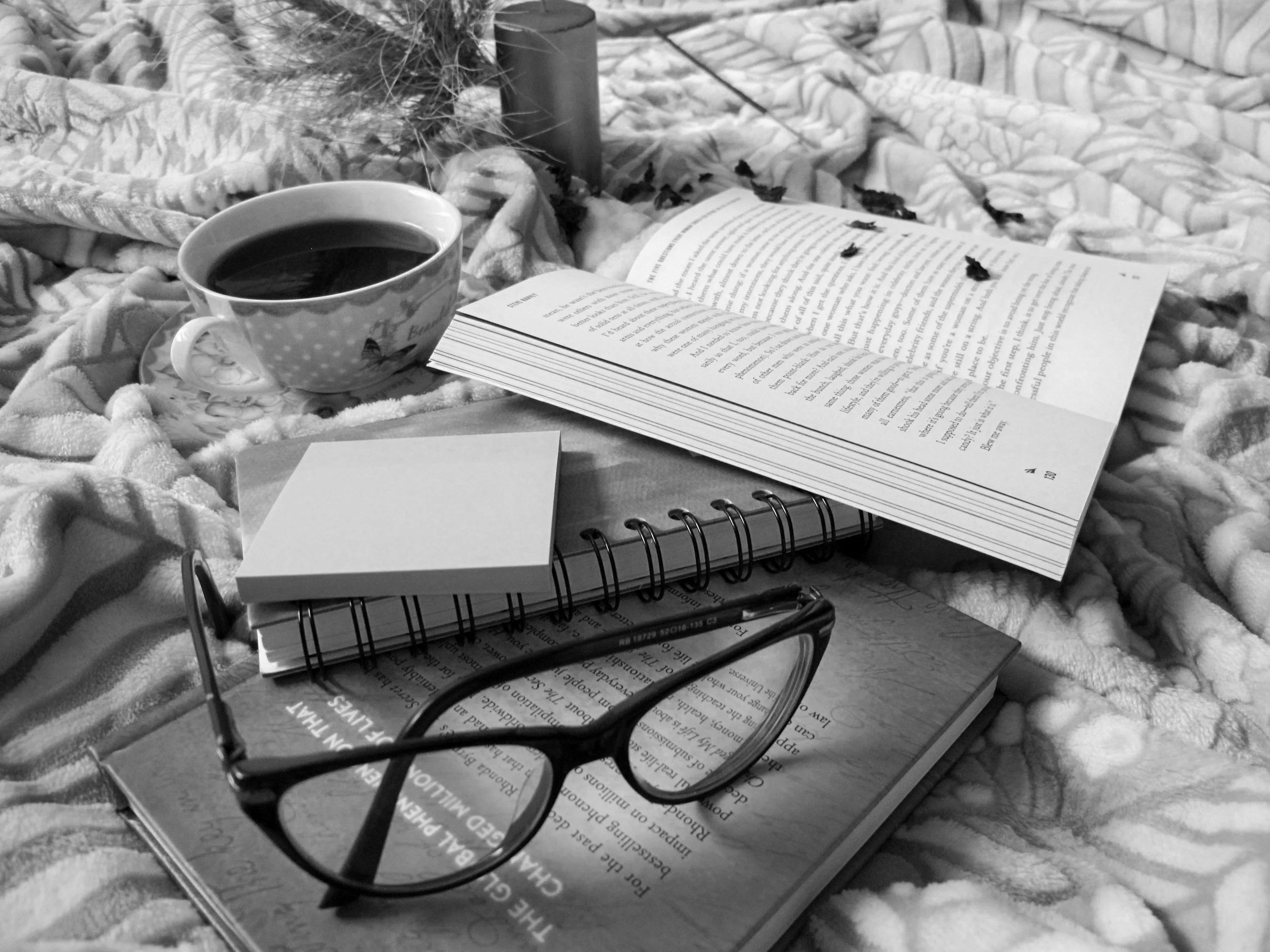 open book, spiral notebook, eye glasses, and a cup of tea spread on a cozy blanket