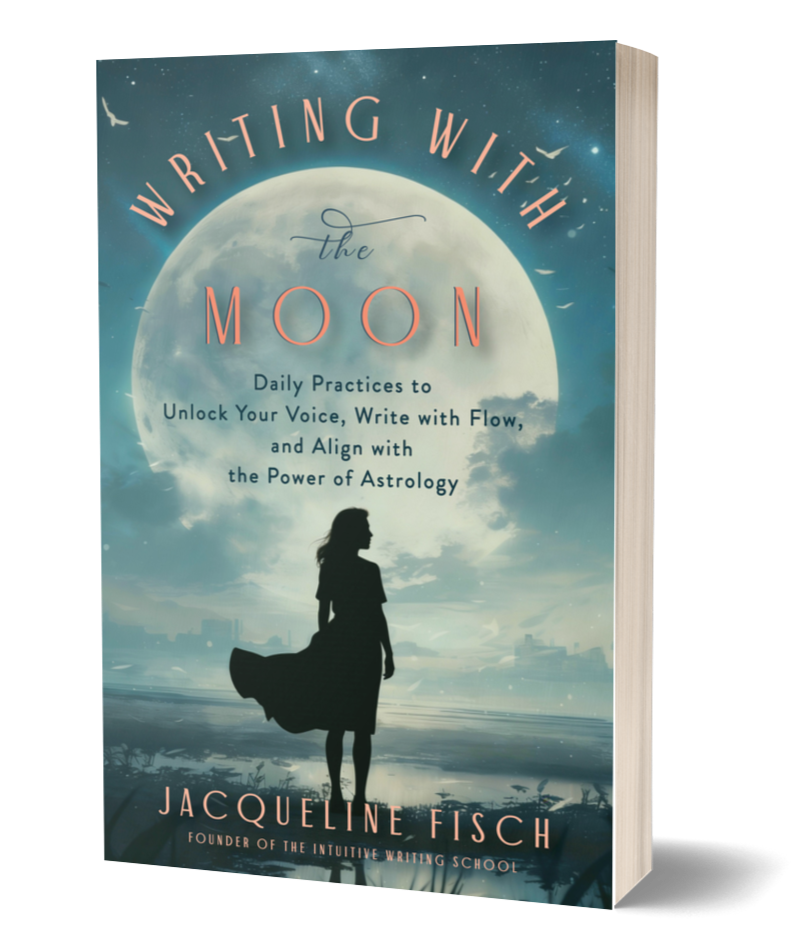Book cover titled "Writing with the Moon" by Jacqueline Fisch, featuring a silhouette of a woman standing by water with a large moon and night sky background.