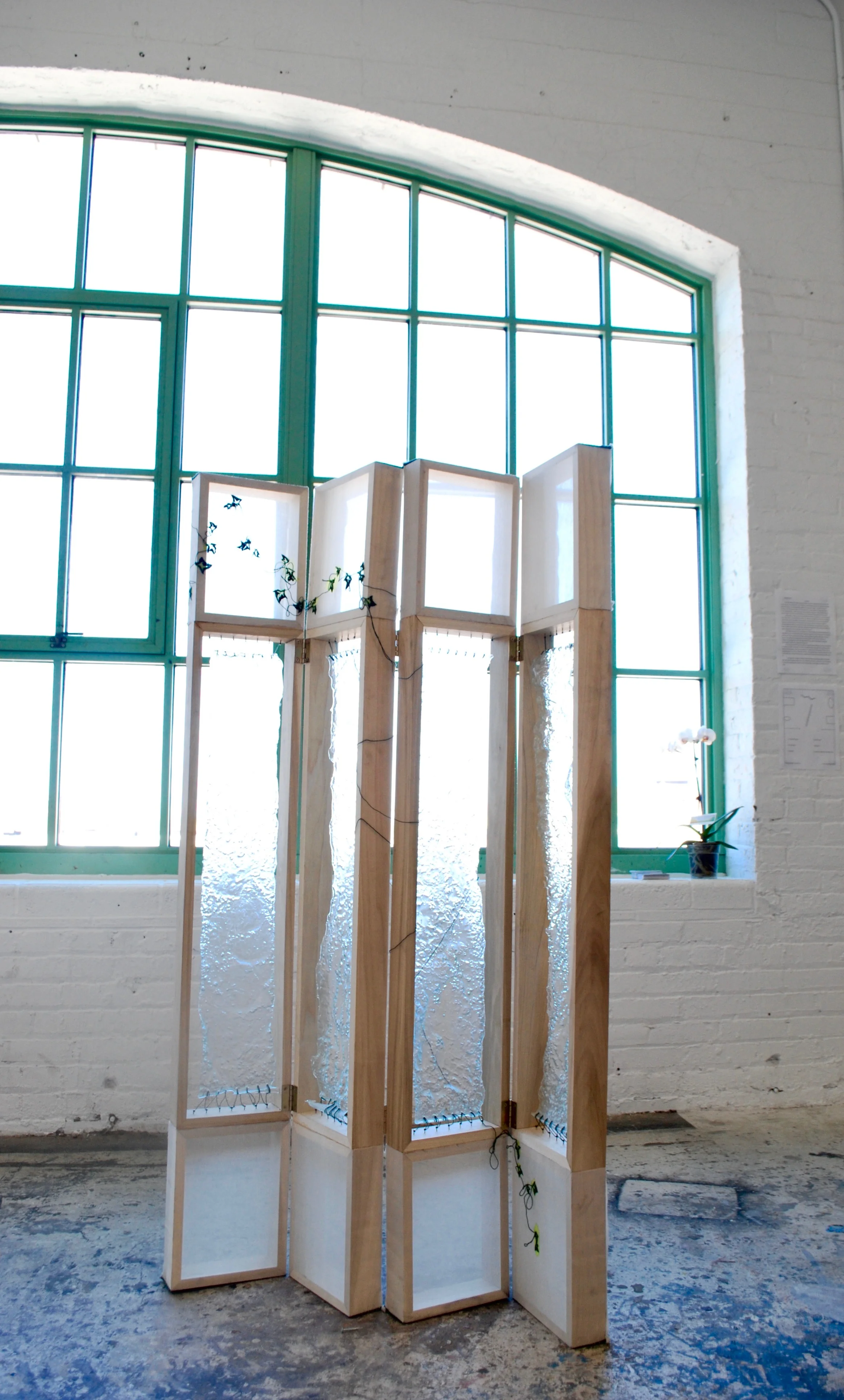 FEATURED ON PHILIP JOSEF ART LLC 2016 Poplar, Sheet Glass Slumping, Translucent Linen, Embroidery Floss, Dye, Nails 63"x45"