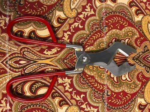pair of glassblowing shears laying on red and gold paisley fabric.JPG