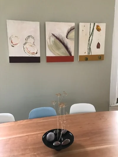 The Hidden Life of Flowers, set of three, oil on wooden panel, each panel: 17 x 22.5 inches, $1600