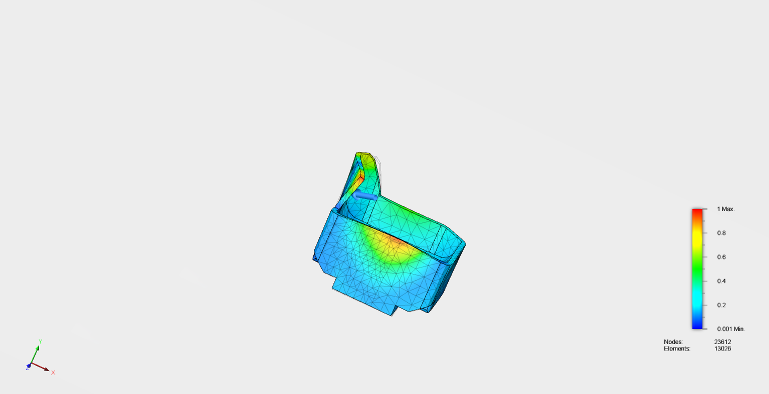 FEA STRESS TEST ON 3D-PRINTED FUEL TANK SPLASH GUARD; THIS TEST ENSURES THAT THERE WILL BE NO BREAKAGE AT HIGH IMPACT IN CASE OF DAMAGE TO CAR.