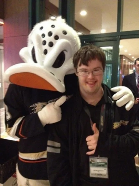 Trevor with the Anaheim Ducks' mascot, Wild Wing!