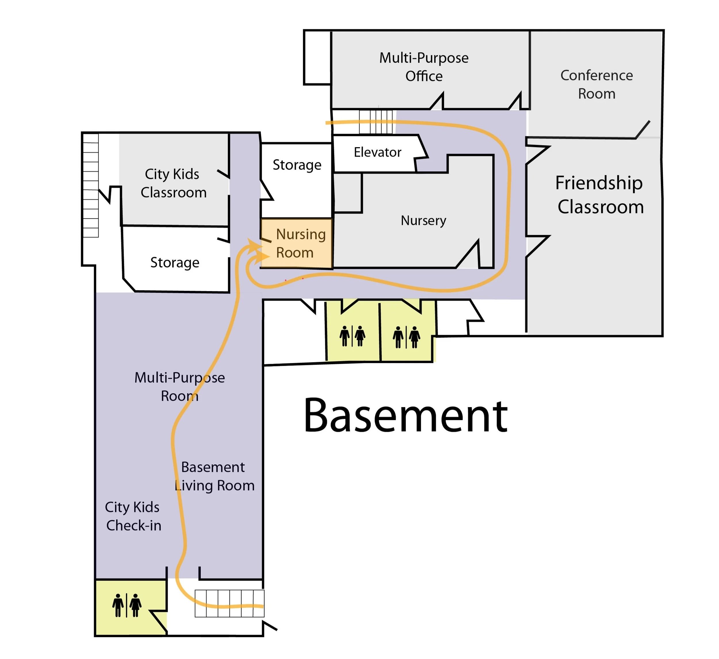 A map showing how to find the nursing room.