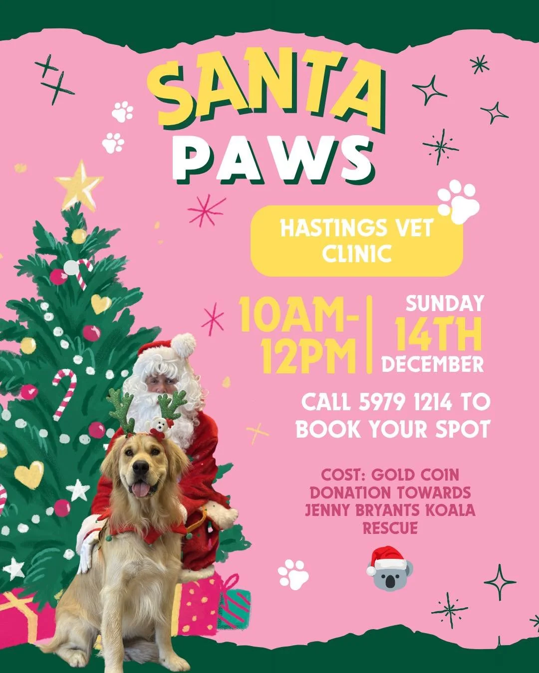 🎅🐾 SANTA PAWS is back &ndash; at Hastings Vet Clinic
🗓️ Sun 14 Dec | 10am&ndash;12pm
📞 5979 1214 to book
💛 Gold coin donation to Jenny Bryant&rsquo;s Koala Rescue