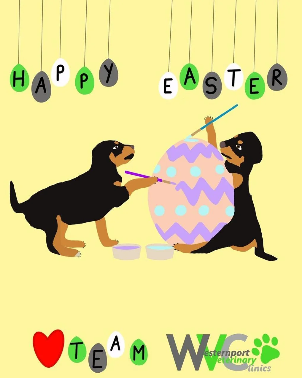 🐣 A friendly Easter reminder for pet owners 🐣

Please keep your yummy Easter treats just for the humans this holiday season. Chocolate, sultanas, macadamias, sugar-free lollies containing xylitol, Easter lilies and cooked lamb bones can all be toxi