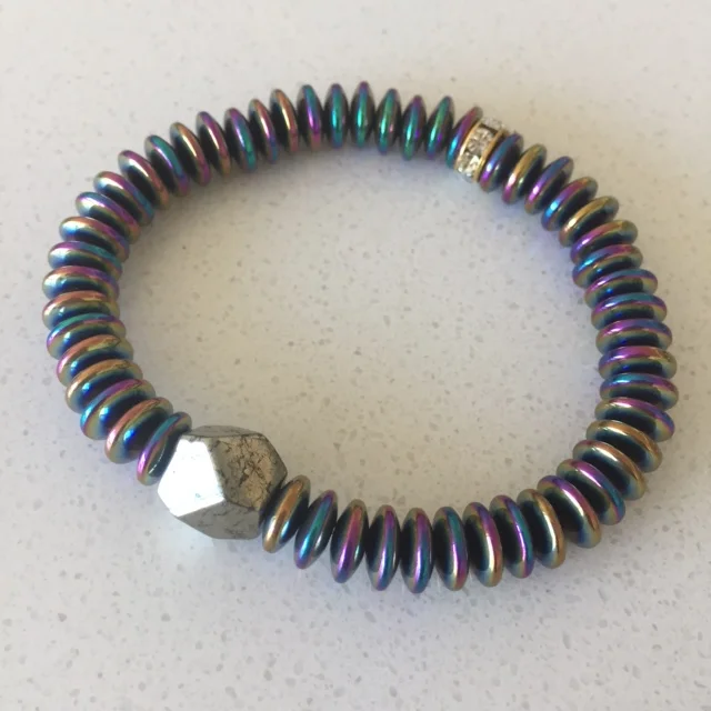 Rainbow slanky with pyrite bead.JPG
