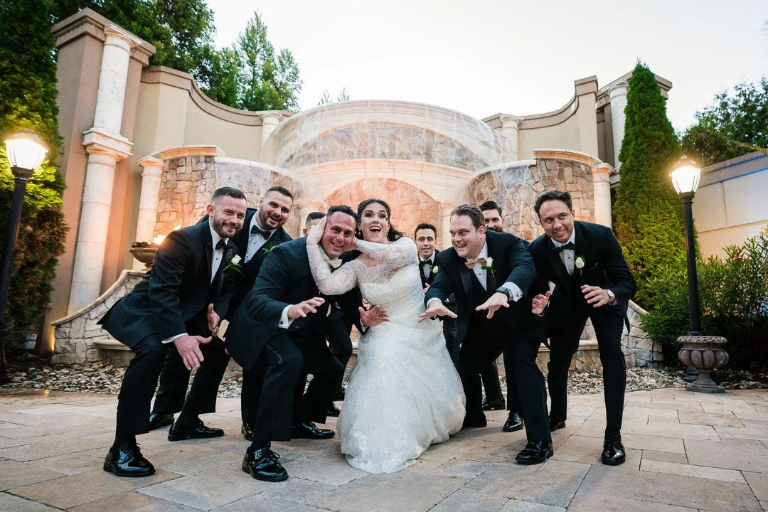 Wedding party group photo outside a New Jersey wedding venue