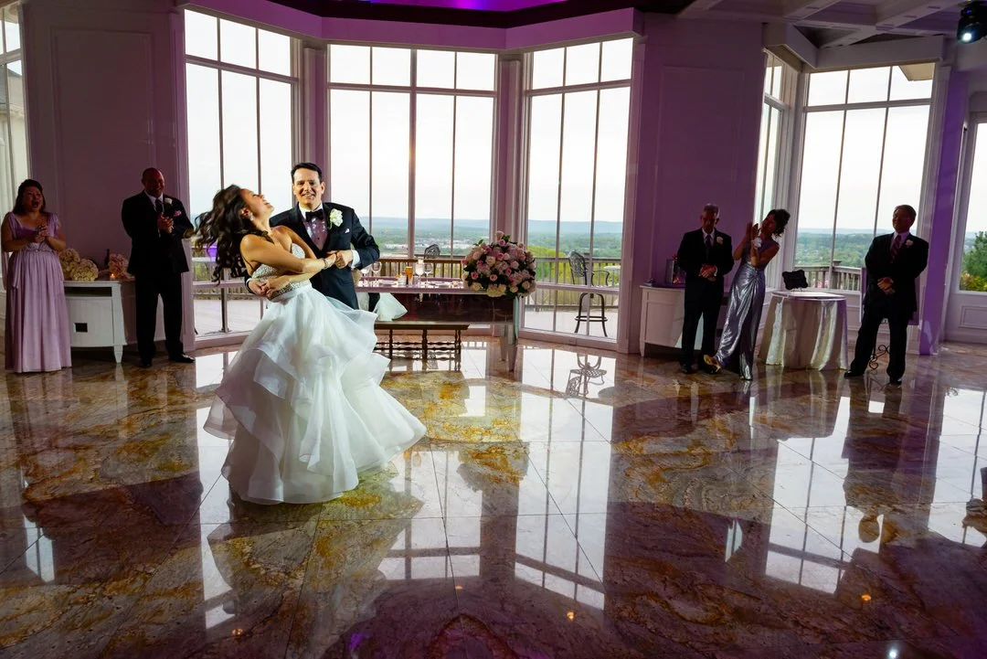 Bride and groom sharing their first dance in the ballroom at Westmount Country Club.