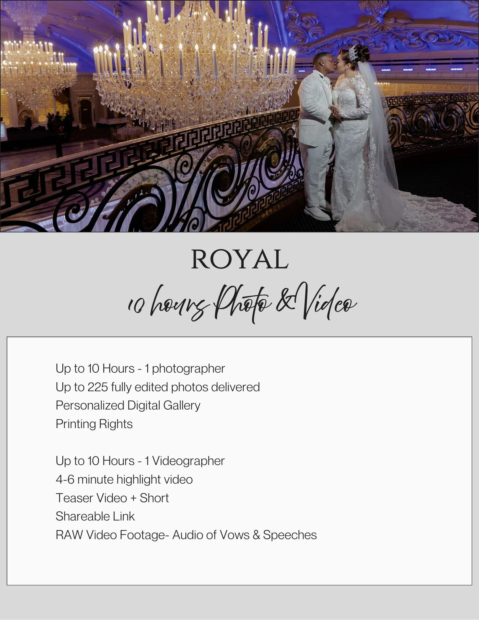 A wedding couple in white wedding attire standing on a balcony with ornate metal railing, kissing, with large crystal chandeliers and luxurious decor in the background.
