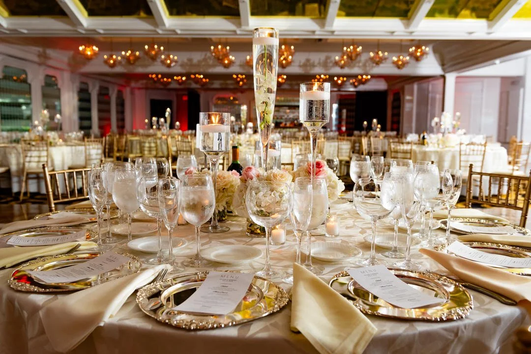 Elegant wedding reception décor set in the ballroom at Westmount Country Club.