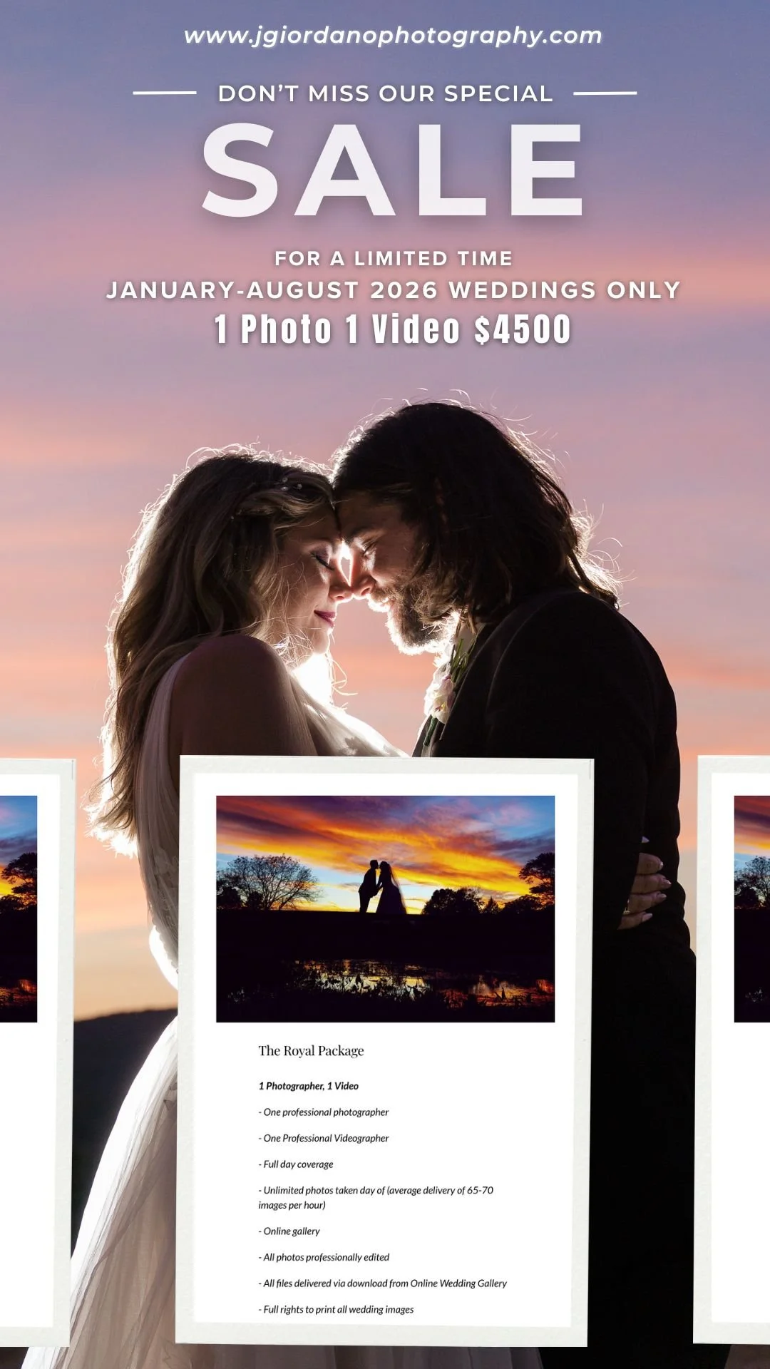 Wedding advertisement featuring a couple with foreheads touching against a sunset sky, promoting a wedding photography and videography special for January to August 2026, with a package including one photo and one video for $4500.