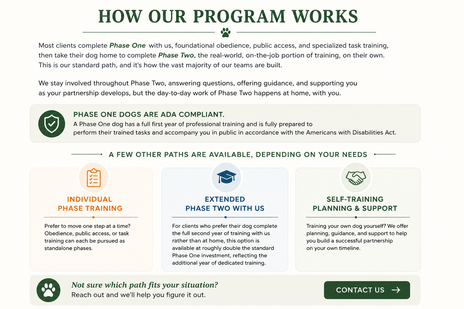 How Our Service Dog Training Program Works, explaining Phase One and Phase Two training for diabetic alert dogs and psychiatric service dogs.