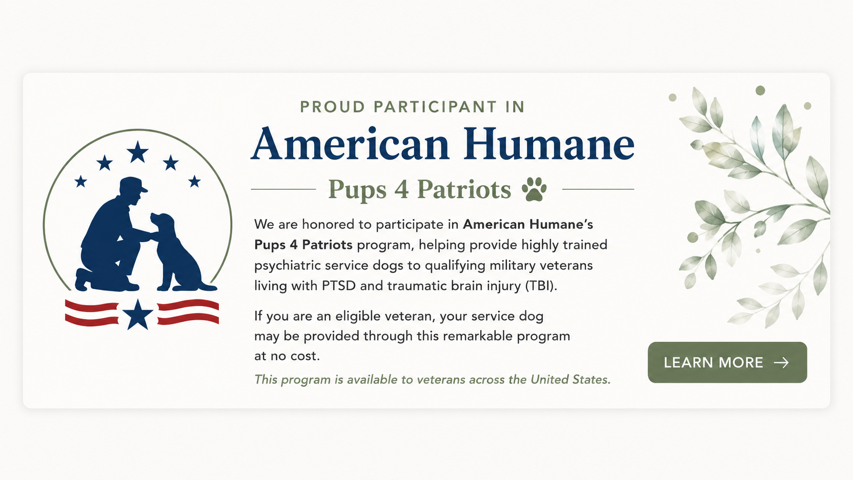Photo: American Humane Pups 4 Patriots — free psychiatric service dogs for veterans with PTSD and TBI, learn more.