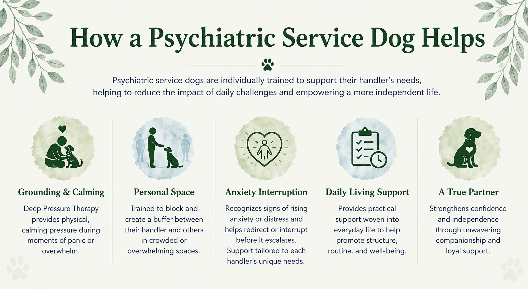Infographic: How a Psychiatric Service Dog Helps with grounding, personal space, anxiety interruption, and daily support.