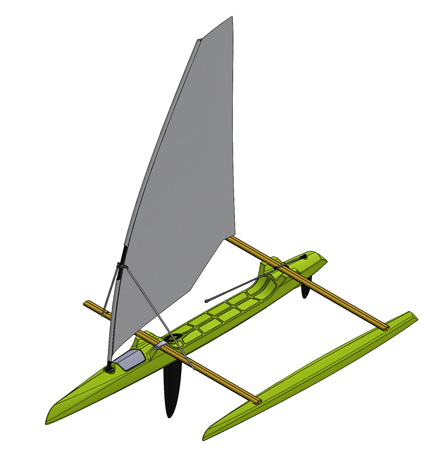 Preliminary CAD model of a rototmolded tacking outrigger with a windsurfer rig.