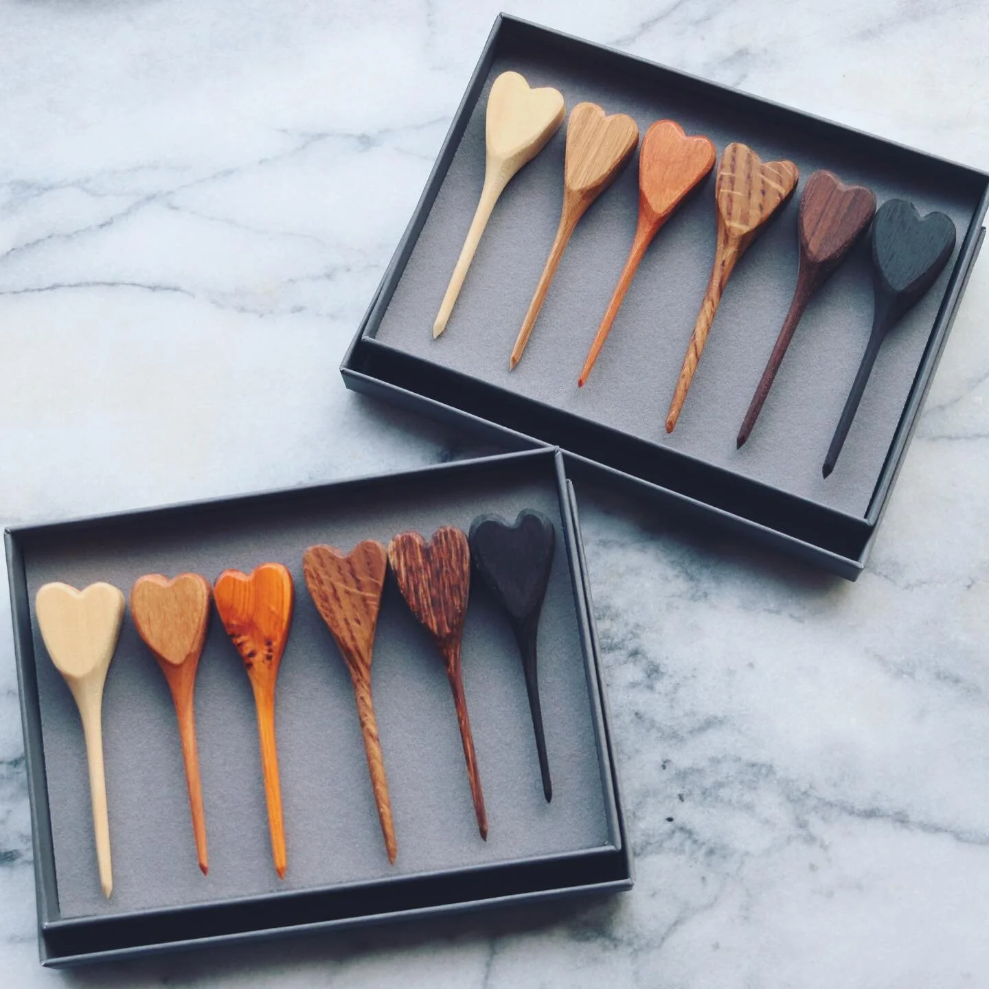 I&rsquo;ve added some boxes of heart olive picks to the shop as they&rsquo;re always the most popular ones to sell individually. They come in a set of 6 in assorted woods. There are also plenty more single picks available again.