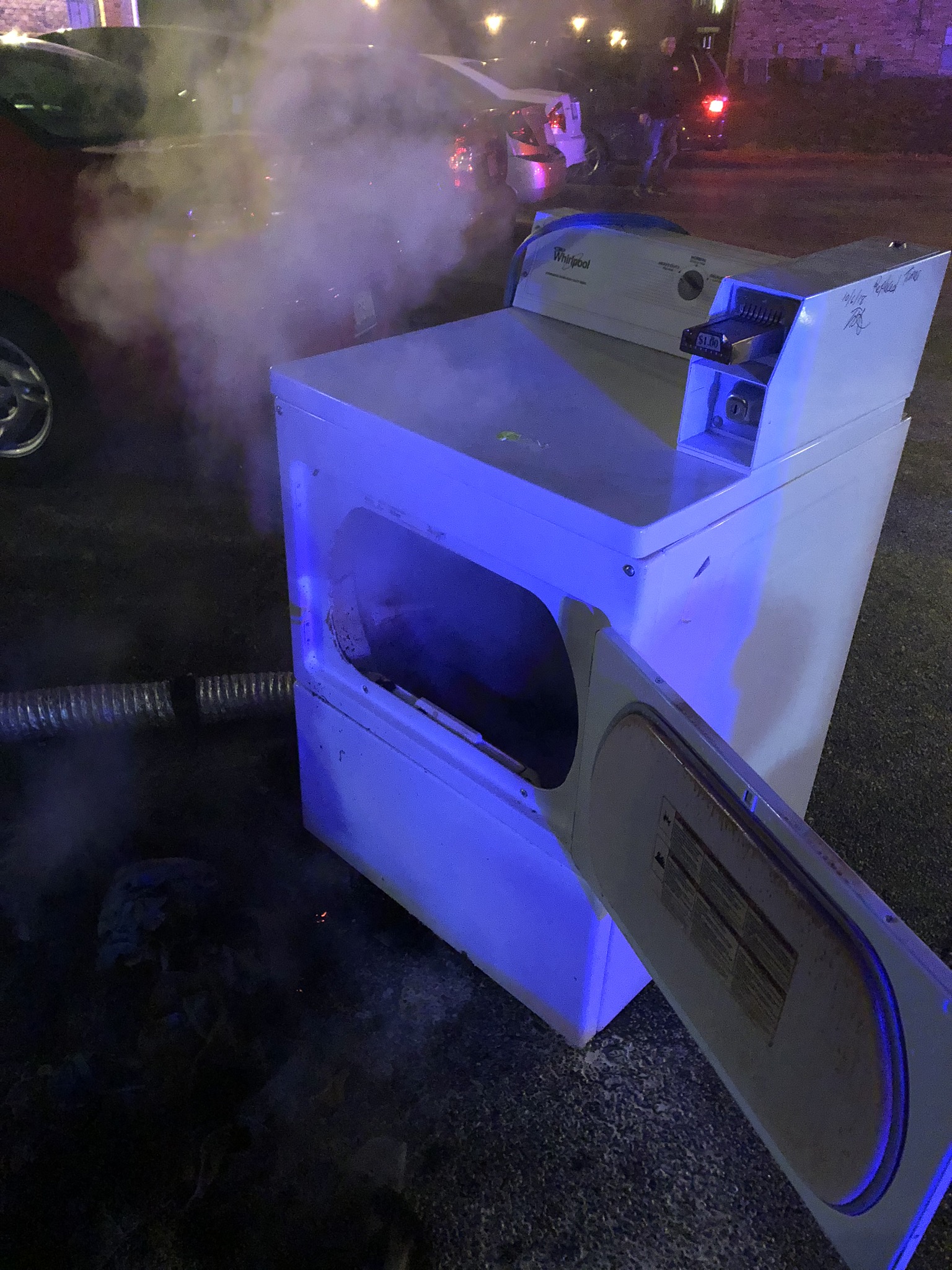  On 03/27/19, East Side Firefighters responded for the smell of smoke and detectors sounding in an apartment building. Firefighters located a dryer on fire in the laundry room. The dryer was removed and fire extinguished. The vent pipe for the dryer 