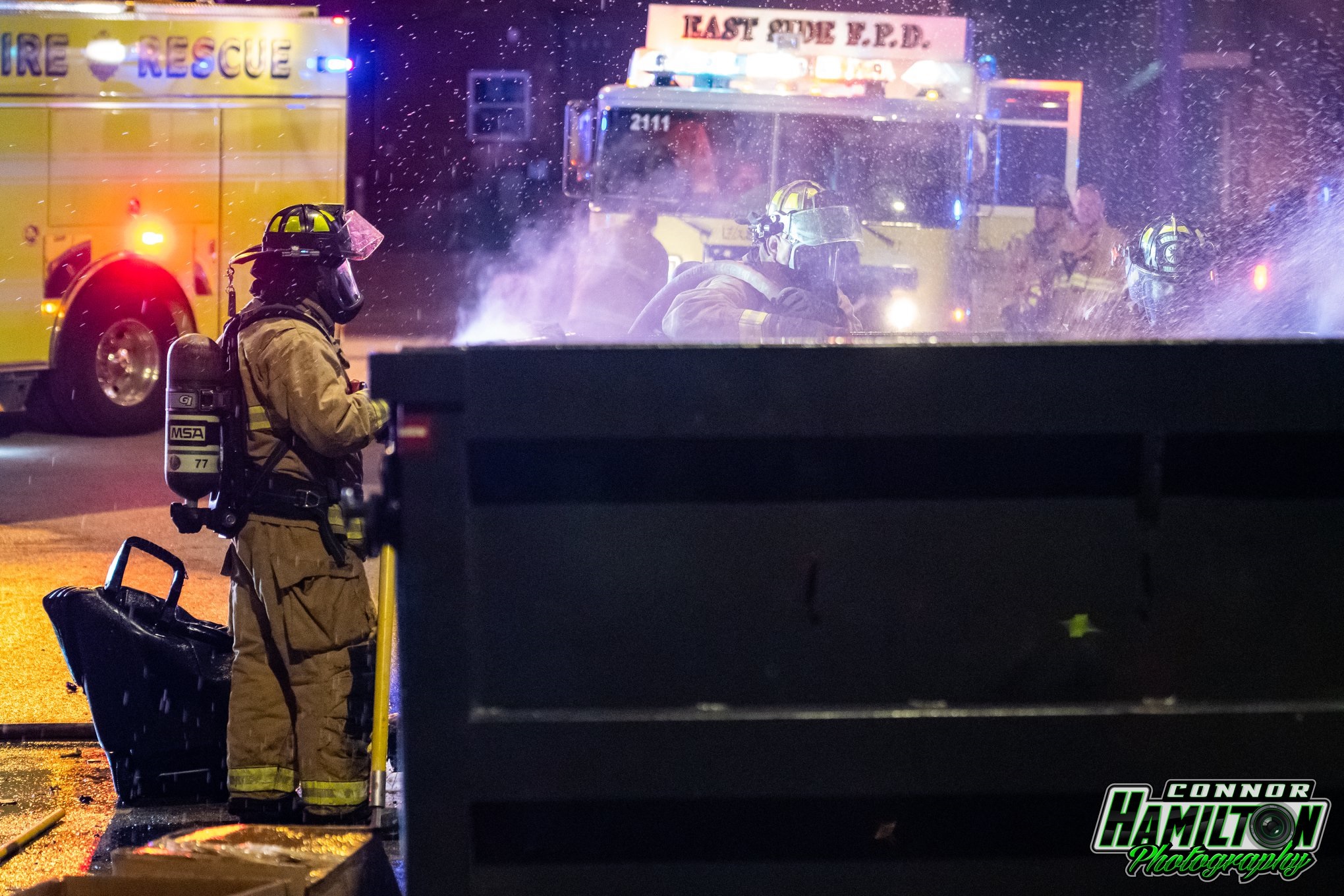  On 05/26/2019, East Side Fire responded for a dumpster fire. The fire was quickly knocked down preventing the fire from spreading to the nearby structure. 