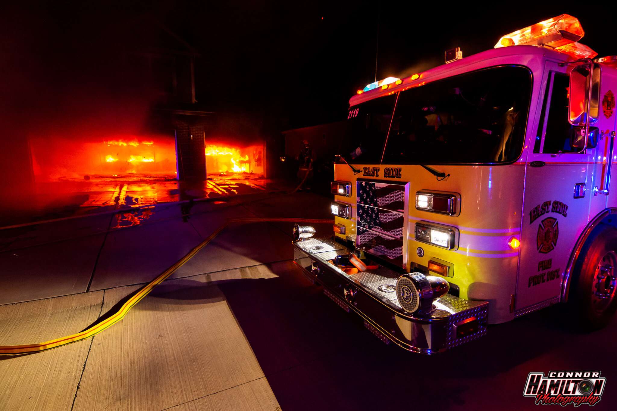  On 09/18/2020, the East Side Fire Department responded for a residential structure fire. Arriving units found the back of the residence and attic involved. Mutual aid was received from O’Fallon and Swansea Fire Departments.  