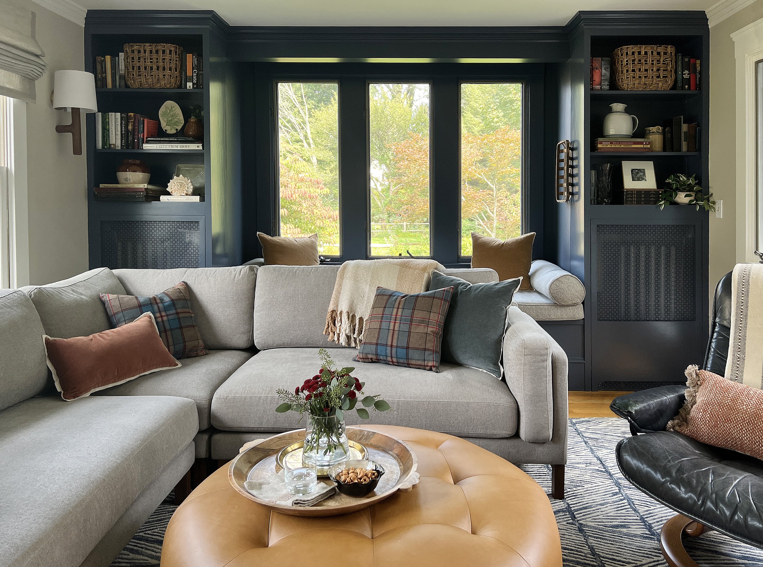 Family Room with Sectional Sofa and Blue Accent Wall