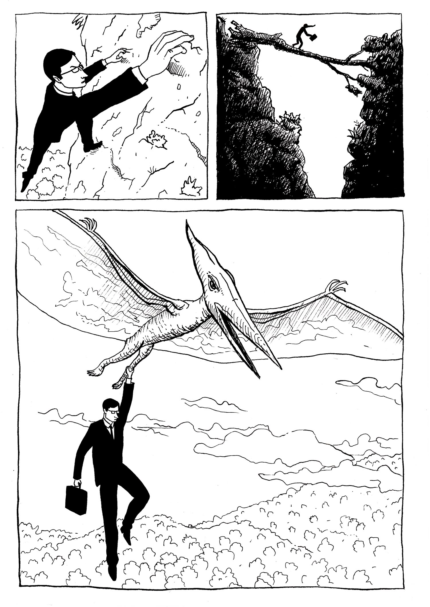 Businessman flying on pterodactyl