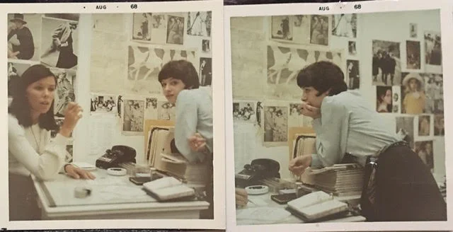 Joan Juliet Buck with Julie Britt, first day at Glamour magazine in New York City, August 1968.