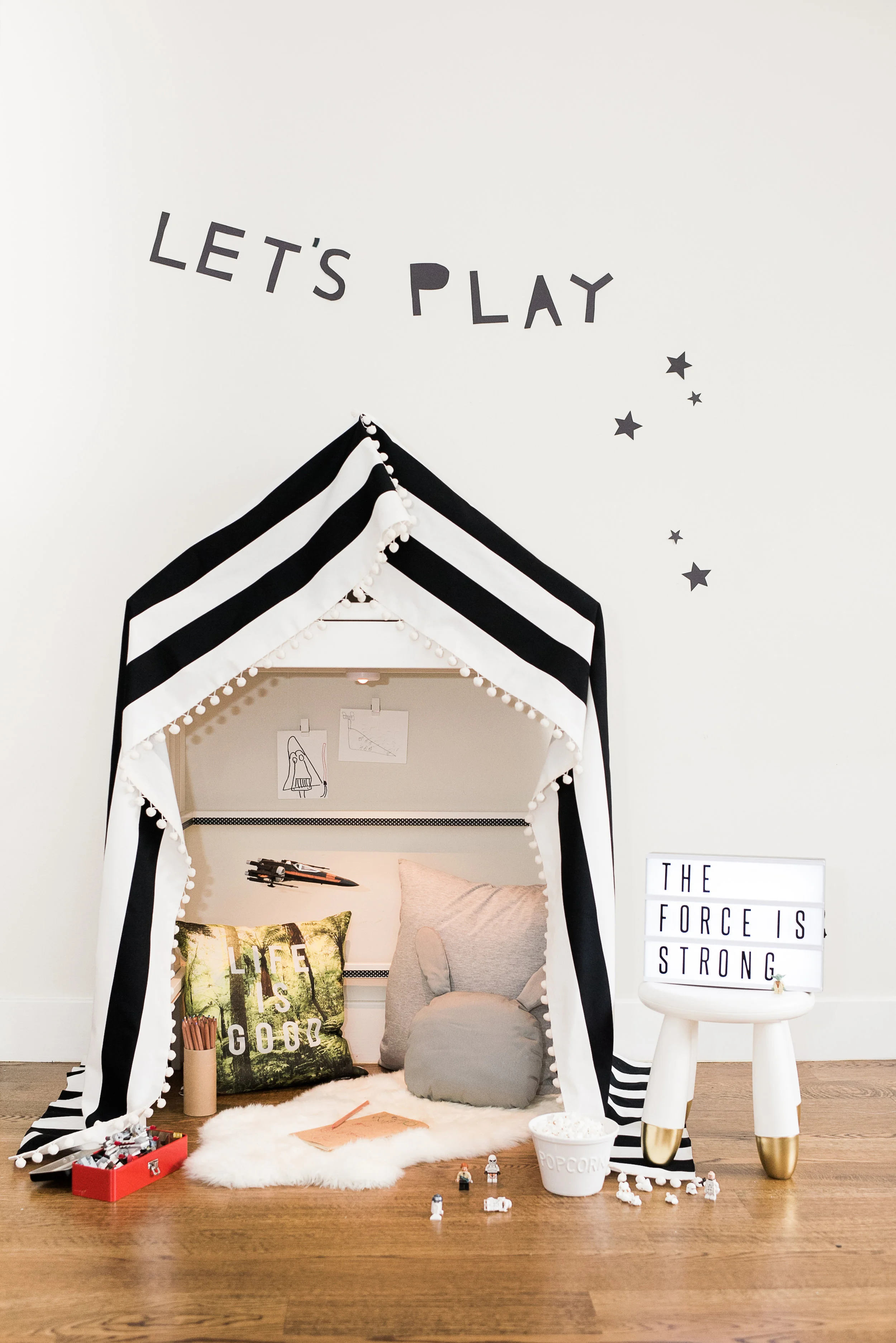 My son loves to play make believe and since our home is so small, I though it would be nice to create a space just for him. Get the full tutorial on how to make this your own here .