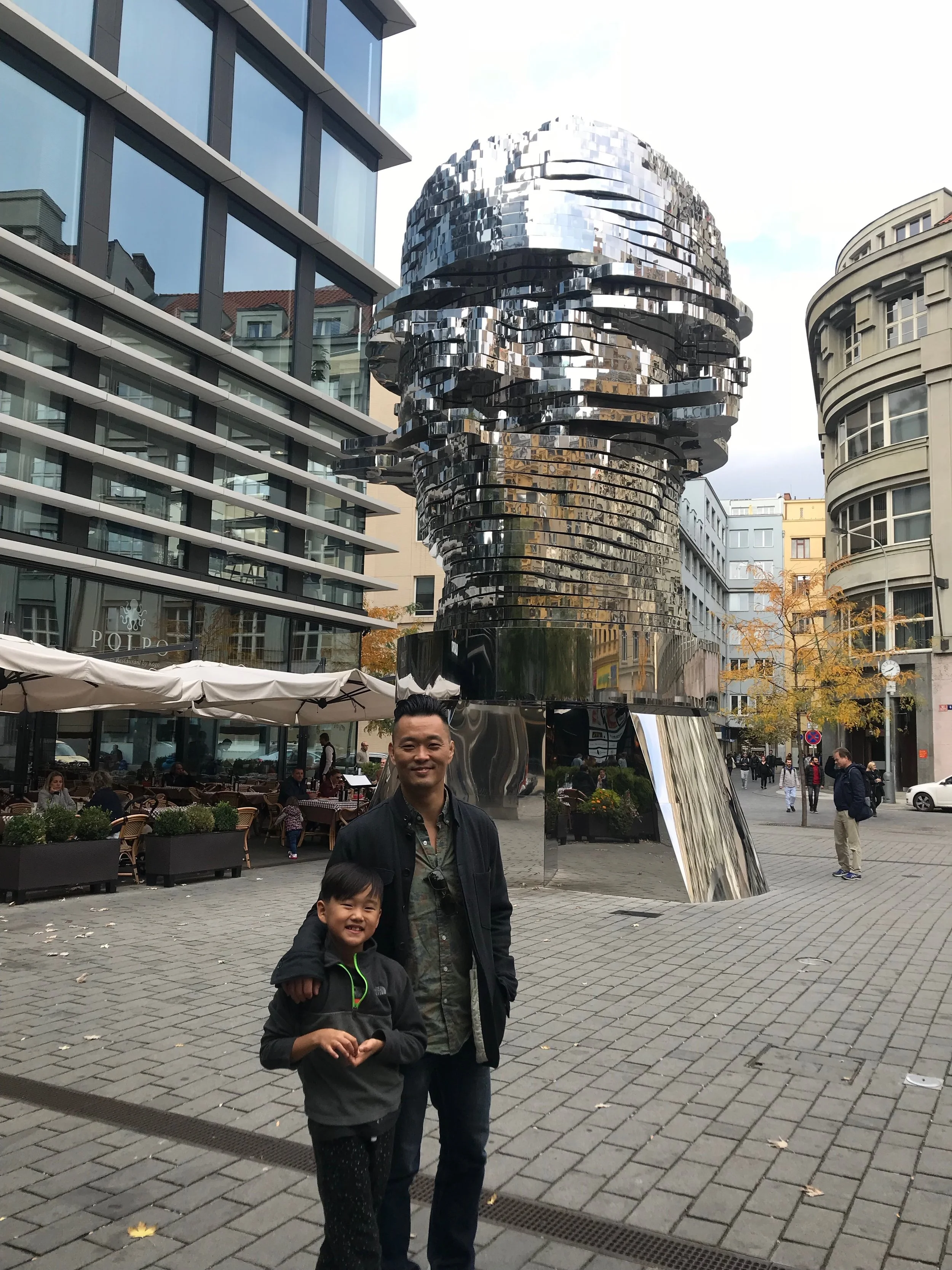 Right near the cafe Louvre- rotating sculpture of Kafka’s head see video here .