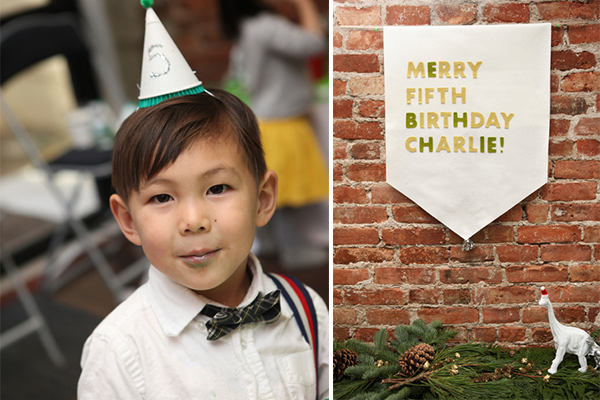 the birthday boy modeling the party hat + custom felt banner